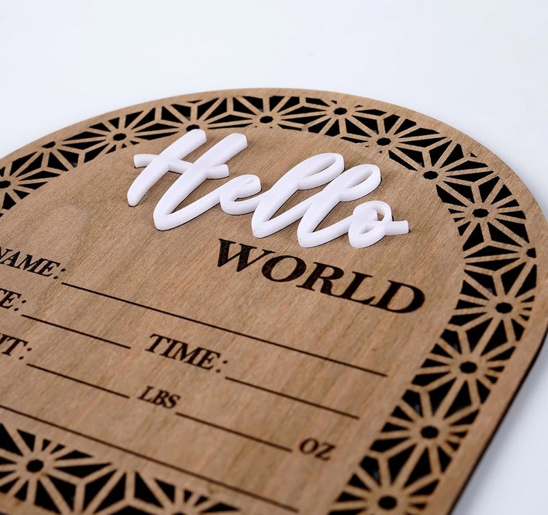 HOUISM Bleed Proof Engineered Wood, 5.5 Inch Wooden Birth Announcement Sign with Easel Stand, 3D Arcylic Hello Sign, Newborn Announcement Plaque for Girl Boy Photo Prop Baby Shower Nursery Hospital - Rustic - Image 2